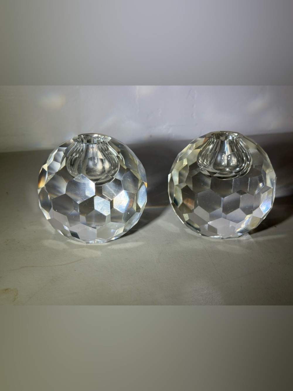 Vintage Faceted Spherical Clear Glass Candlestick Holder Honeycomb Set of 2
